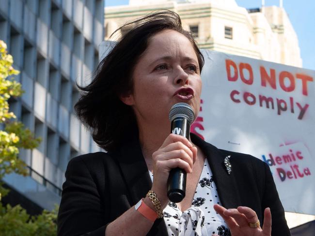 SYDNEY, AUSTRALIA - NewsWire Photos , MARCH 22, 2021: Tanya Davies MP: State Member for Mulgoaspeaks on the stage of  ÃReclaim The Line anti-vaxxerÃ protests outside NSW Parliament House in Sydney.  Picture: NCA NewsWire / Flavio Brancaleone