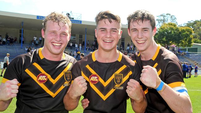 Victorious Padua players. Dan Healy is on the left, happy as could be after beating Marist College Ashgrove in 2021 AIC rugby.