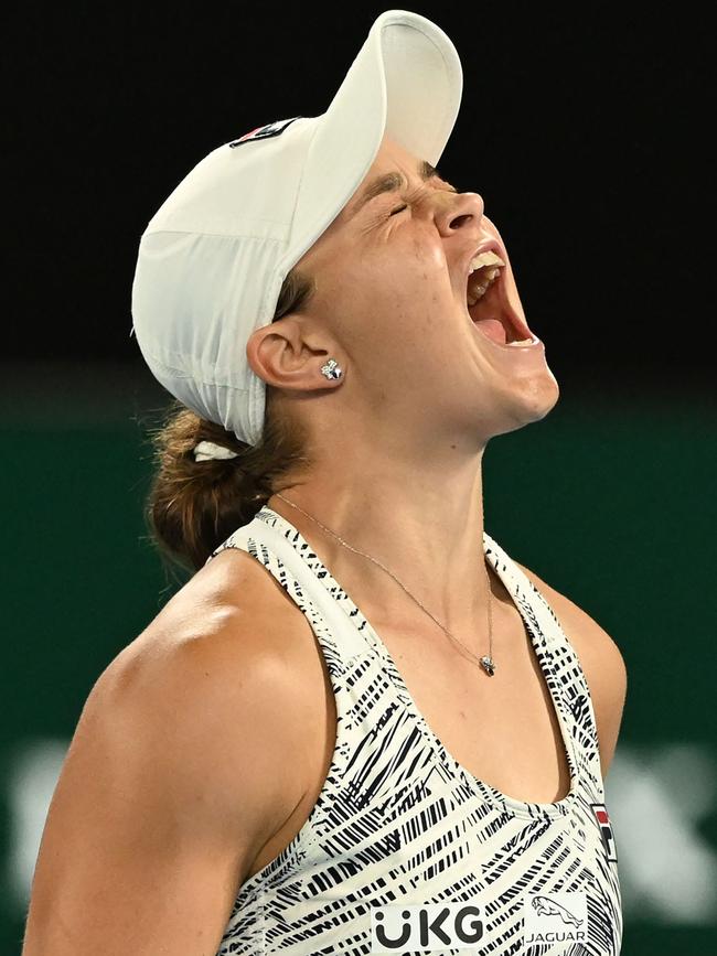 Ash Barty reacts after winning. Picture: AFP