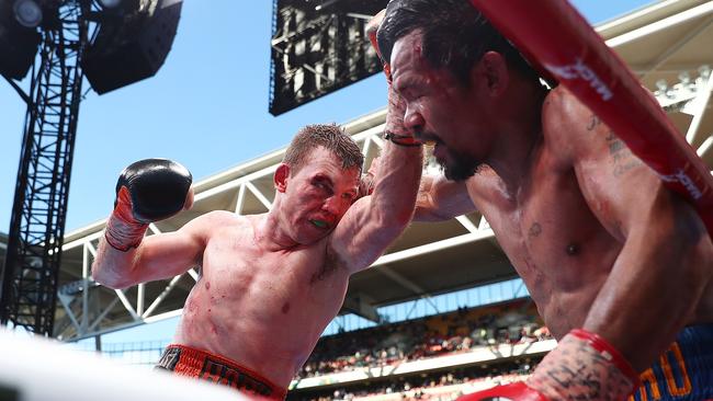 Jeff Horn punches Manny Pacquiao during the WBO World Welterweight Title Fight at Suncorp Stadium in 2017. Picture: Getty Images