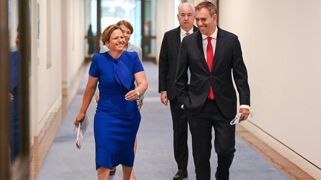Minister for Communications Michelle Rowlands and Jim Chalmers at Parliament House in Canberra. Picture: Martin Ollman