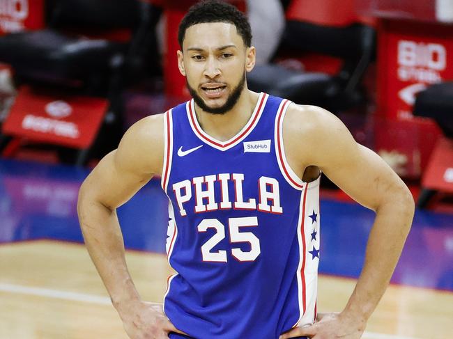 PHILADELPHIA, PENNSYLVANIA - MARCH 01: Ben Simmons #25 of the Philadelphia 76ers calls to teammates during the third quarter against the Indiana Pacers at Wells Fargo Center on March 01, 2021 in Philadelphia, Pennsylvania. NOTE TO USER: User expressly acknowledges and agrees that, by downloading and or using this photograph, User is consenting to the terms and conditions of the Getty Images License Agreement.   Tim Nwachukwu/Getty Images/AFP == FOR NEWSPAPERS, INTERNET, TELCOS & TELEVISION USE ONLY ==