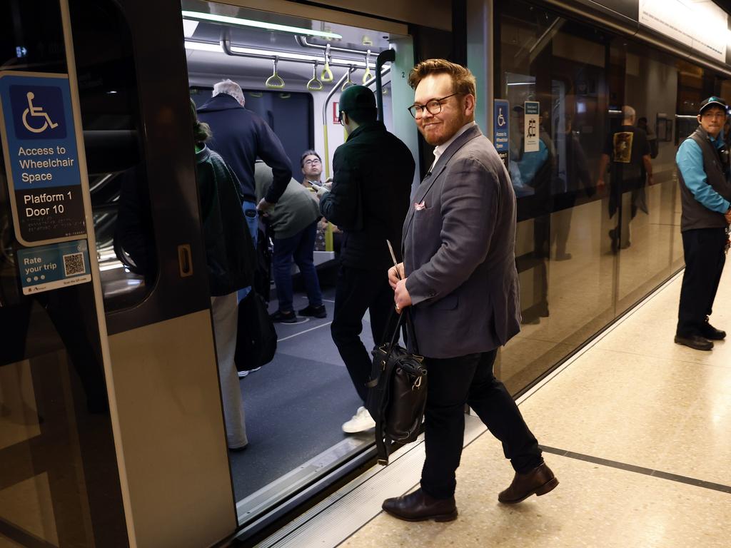 James O'Doherty sets off on the Sydney Metro to race other journalists on different modes of transport from North Sydney to the News Corp office in Surry Hills. Picture: Richard Dobson