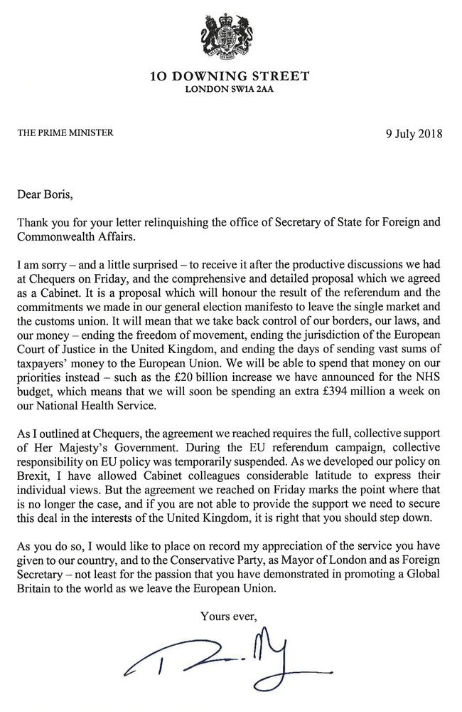 Number 10 Downing Street released this letter from Theresa May to Boris Johnson.