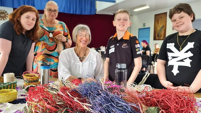 Basket weavers Angel Charlton, Jayne Ah Sam, Lyndley Kynaston, George Tilbrook and Cooper Morrisey. Photo: Valley Spinners and Crafts Group