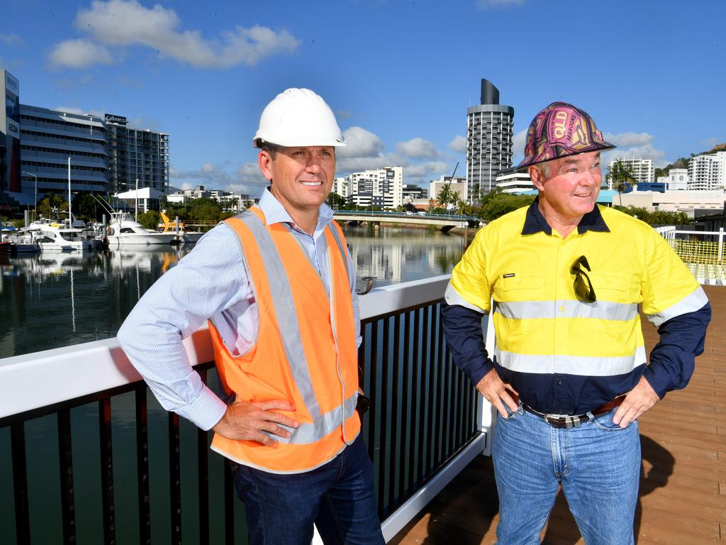 Cr Mark Molachino and Embe for Townsville Scott Stewart at the East End Boardwalk project near Flinders Street. Picture: Evan Morgan
