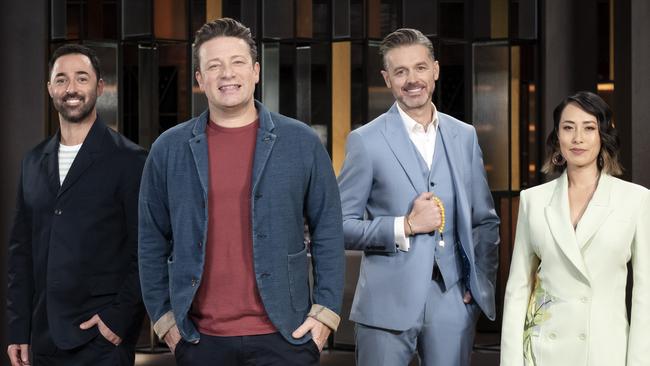 Andy Allen, special guest chef Jamie Oliver, Jock Zonfrillo and Melissa Leong for the 2023 season of MasterChef.