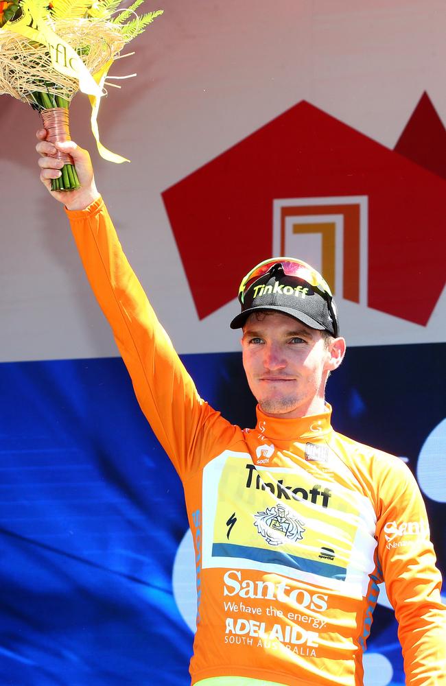 New Ochre Jersey winner McCarthy salutes the crowd. Photo: Sarah Reed.