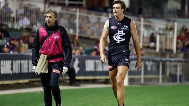 Carlton defender Caleb Marchbank has endured a horror run with injuries. Picture: Getty Images