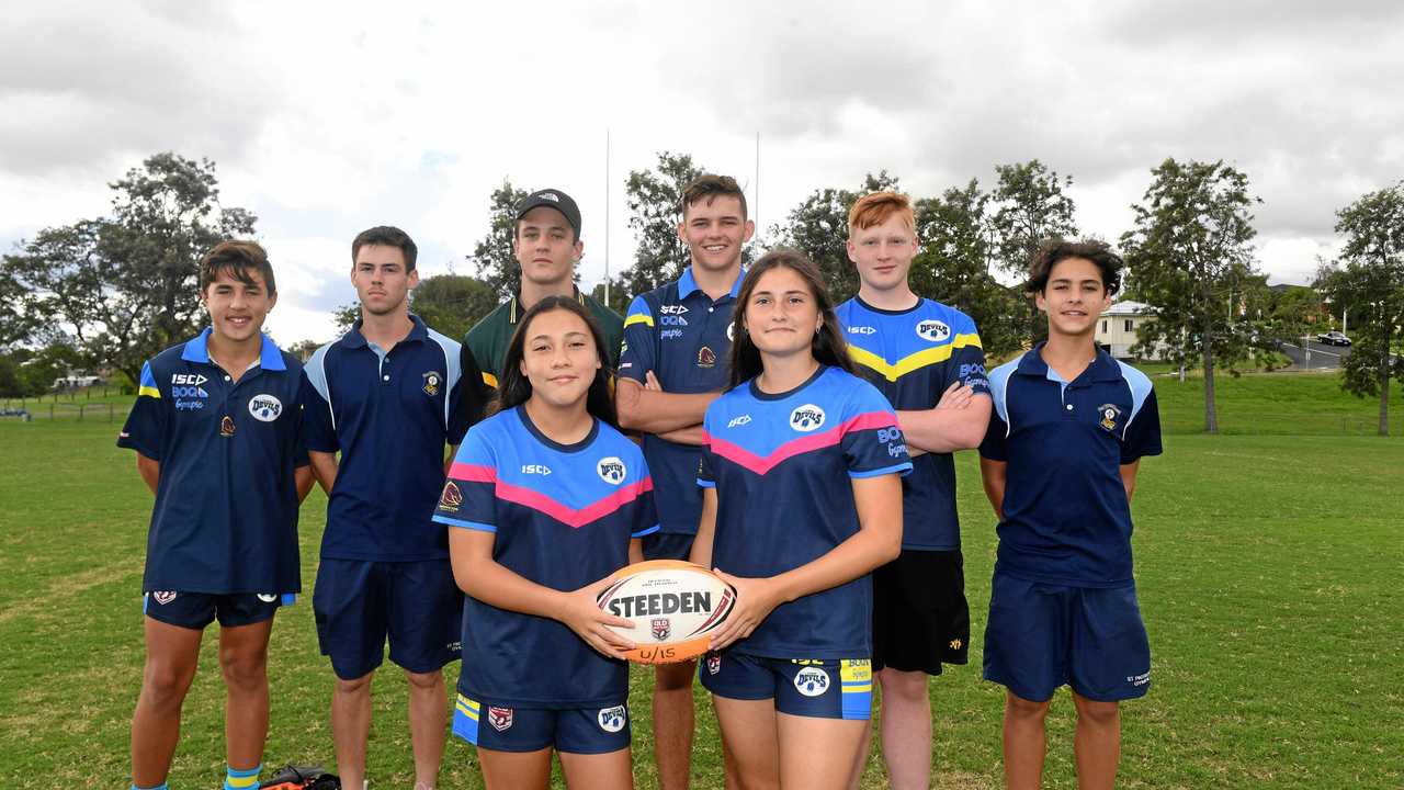 IN THE RUNNING: Gympies Sunny Coast Falcons (back) Zac Graton, Callum Edwards, Liam Garrett, Tyler Lansaw, Ethan Brown, Tully McLellan, (front) Marissa Nicholson and Charlotte Blackwood. Absent: Jack Baumgart, Tane Bentley and Blaine Watson. Picture: Troy Jegers