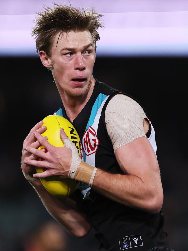 The former Magpie will have his worked cut out against Todd Marshall and the Power forwards. Picture: James Elsby/AFL Photos