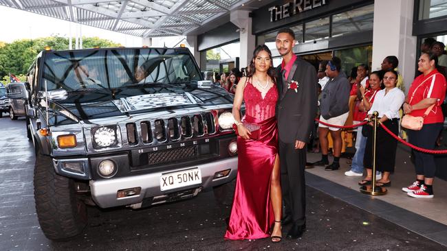 Lataia Petersen and Keason Petersen arrive at the Mount St Bernard College senior formal evening, held at the Pullman Reef Hotel Casino. Picture: Brendan Radke