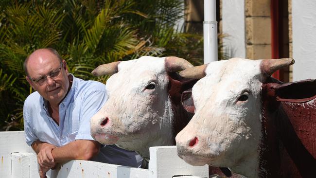 Richard Cavill keeping an eye on his cows at the front of Cav's steakhouse after one of the cows were taken. Picture Glenn Hampson