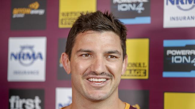 Matt Gillett speaks to the media after a team training session in Red Hill.