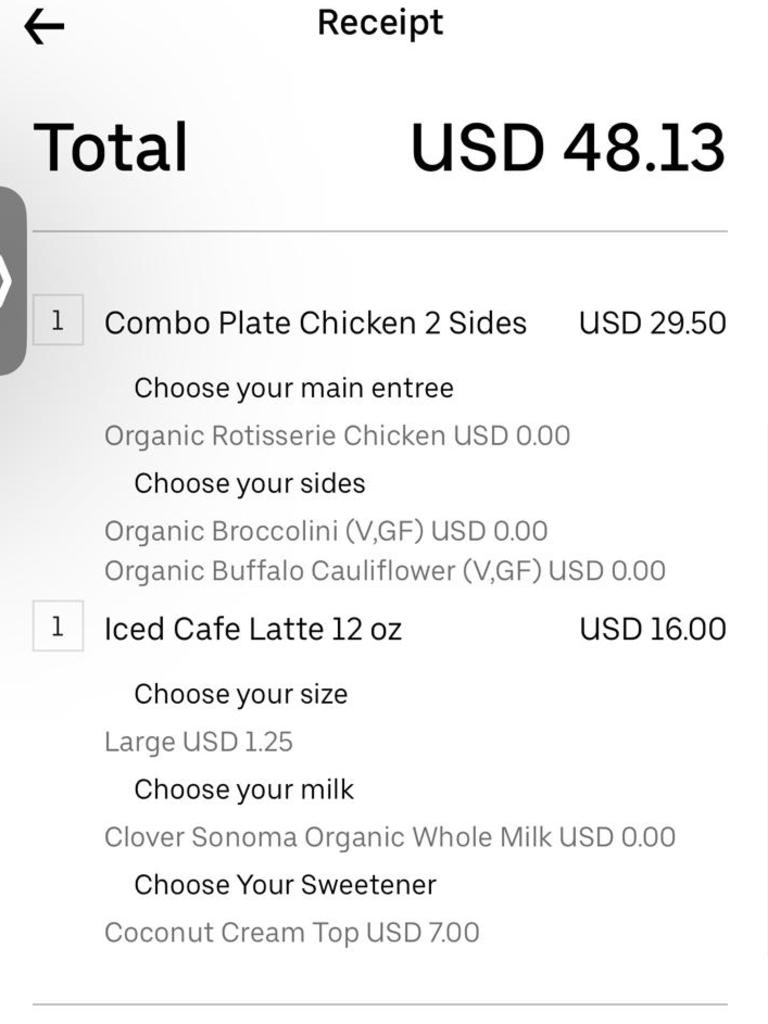 Emma Gillman ordered a chicken plate with two sides at the organic grocer, which cost $29.50 USD. Picture: Supplied