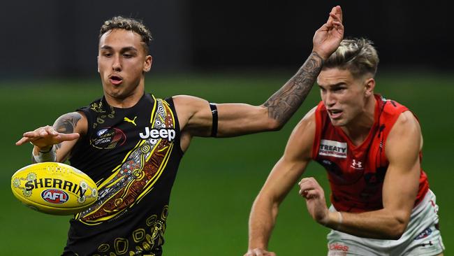 Shai Bolton was at his electric best against Essendon. Picture: Daniel Carson/AFL Photos via Getty Images