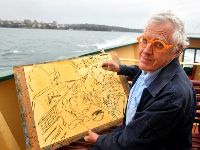 Lavender Bay artist and ferry campaigner Peter Kingston shows his work created aboard the Lady Northcott ferry on Sydney Harbour during the Festival of Mosman last Saturday. Picture: Joel Carrett