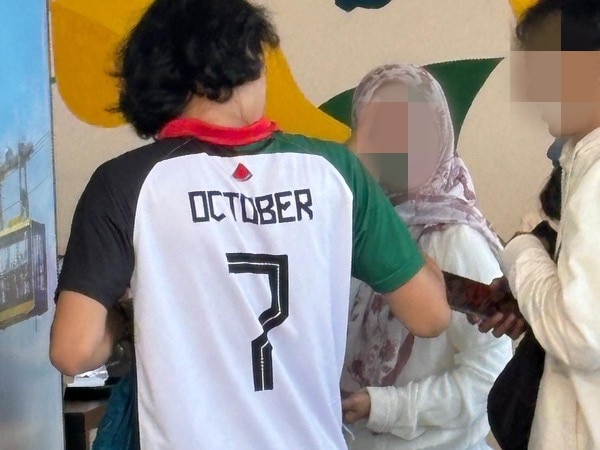 Seen at Scenic World in the Blue Mountains, homemade football jersey in the colours of the Palestinian flag, and the slogan "October 7" referencing the terrible atrocities committed on that day. Photo: Supplied