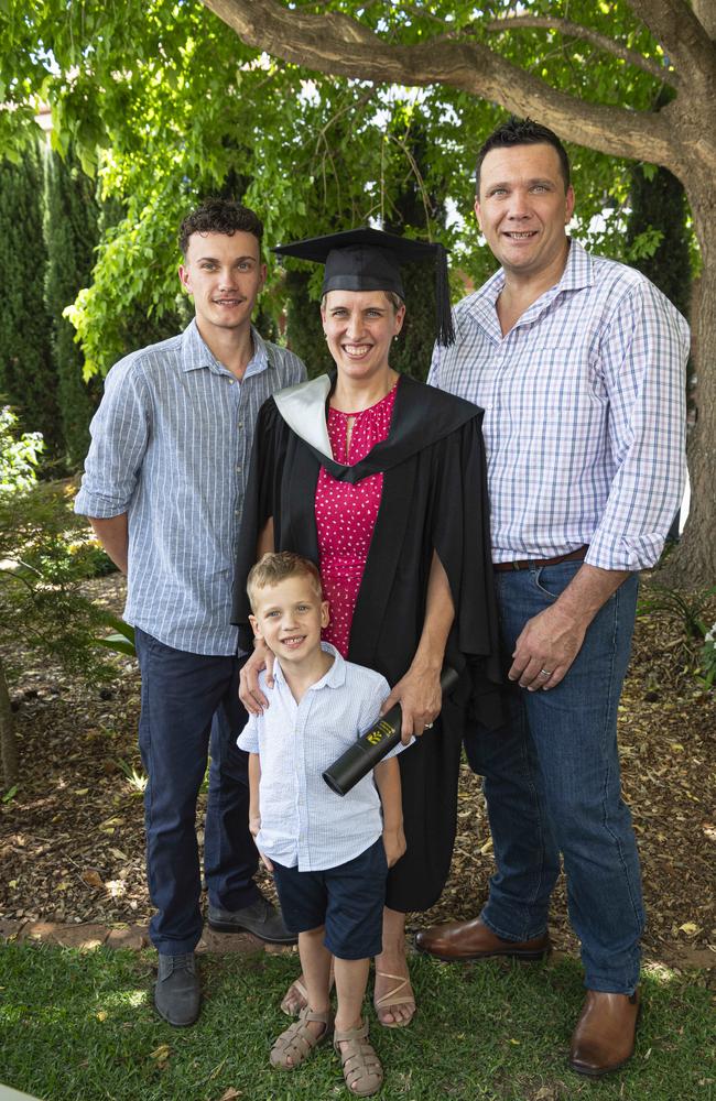 Bachelor of Business graduate Bianca Viljoen with husband Christiaan Viljoen and their sons Janus and Stebastiaan (front) at a UniSQ graduation ceremony at The Empire, Tuesday, October 29, 2024. Picture: Kevin Farmer