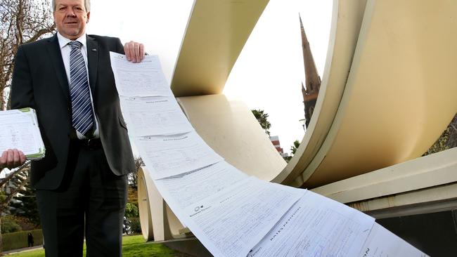 Paul Weller, Victorian member for Rodney at the Great Petition Sculpture with a VFF Rates Petition containing 3190 signatures. Picture: ANDY ROGERS