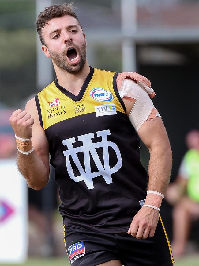 WRFL: Andrew Panayi celebrates a goal for Werribee Districts. Picture: George Sal