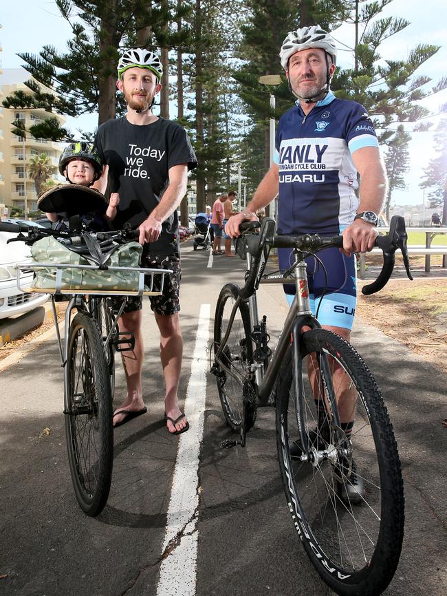 Young Bob Musgrove is one happy traveller on his dad’s Dave’s bike. Pictured with Jim Buda from the Manly Warringah Cycle Club. Picture: Troy Snook