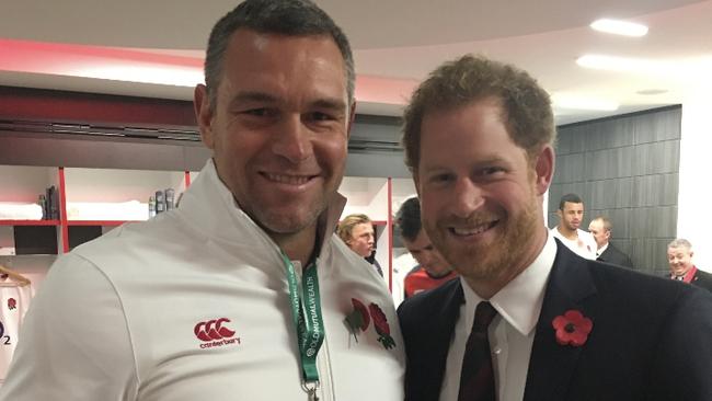 Former Storm hardman, now England rugby assistant coach Jason Ryles with Prince Harry.