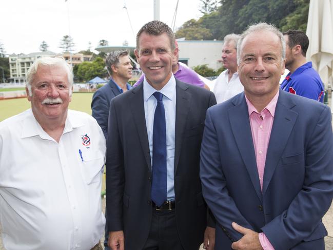 David Begg (right) with Premier Mike Baird (centre) and Sean Rout, author of the book “Manly Rugby”, a history of the Manly Marlins Rugby Club, at its launch in Manly in 2015. Picture: Damian Shaw