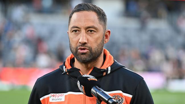 SYDNEY, AUSTRALIA – AUGUST 19: Benji Marshall of Wests Tigers after the round 25 NRL match between Wests Tigers and Dolphins at CommBank Stadium on August 19, 2023 in Sydney, Australia. (Photo by Izhar Khan/Getty Images)