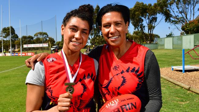 Flagstaff Hill Football Club Czenya Cavouras and her mum Catherine — Czenya won the SFL’s Open Women's League Best and Fairest medal last week, while her mum was runner-up. Picture: AAP/Keryn Stevens