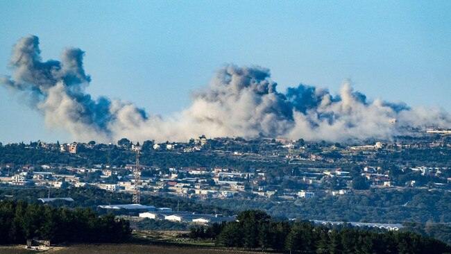 Smoke rises from the Lebanese village of Marwahin following an Israeli bombardment. Picture: Alam/The Times