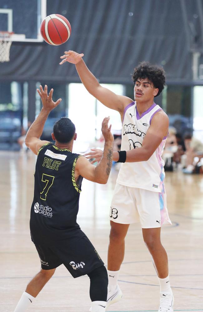 Basketball Queensland First Nations Championships at Coomera. Dreamers (white) v Erub Utd. Picture Glenn Hampson