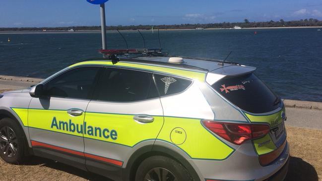 One of the ambulances that rushed to the scene at the Broadwater. Picture: Nicholas McElroy.