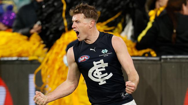 Jack Newnes celebrates what he thought was a goal. Picture: Michael Willson/AFL Photos via Getty Images