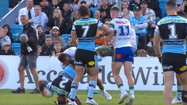 Seb Kris was sent off for a spear tackle on Sione Katoa. Photo: Fox Sports.