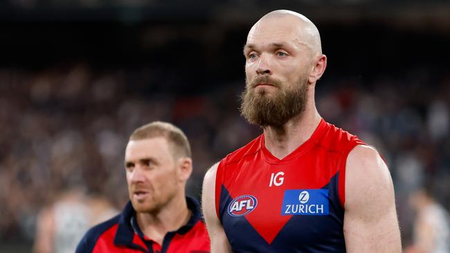 MELBOURNE, AUSTRALIA - SEPTEMBER 15: Max Gawn of the Demons looks dejected after a loss  during the 2023 AFL First Semi Final match between the Melbourne Demons and the Carlton Blues at Melbourne Cricket Ground on September 15, 2023 in Melbourne, Australia. (Photo by Dylan Burns/AFL Photos via Getty Images)