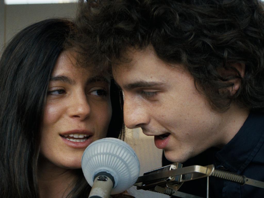 Timothée Chalamet and Monica Barbaro in A Complete Unknown.