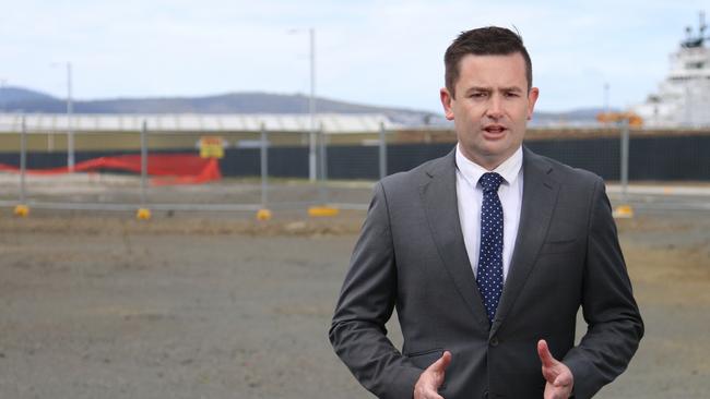 Labor's Dean Winter speaks to the media at Macquarie Point on Monday, October 17, 2022.