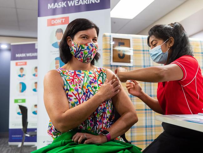 NT Health Minister Natasha Fyles gets her second Covid-19 vaccination at the Royal Darwin Hospital. Picture: Che Chorley