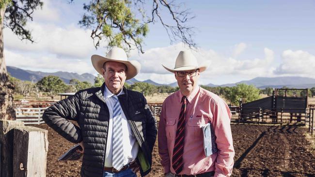 Auctioneer Paul Dooley of Tamworth pictured with Ross Milne of Elders during the Yarram Park sale. Picture: Nicole Cleary