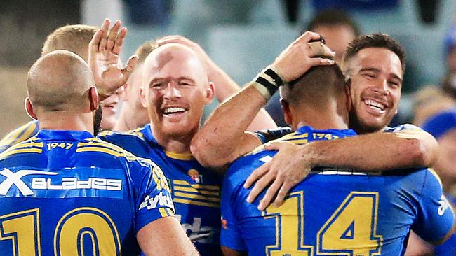 The Eels celebrate their win over the Roosters. Picture: Mark Evans