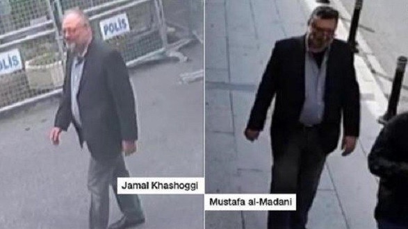 Jamal Khashoffi enters the consultate and Mustafa al-Madani leaves via the back exit, appearing to wear his clothes. Picture: CNN