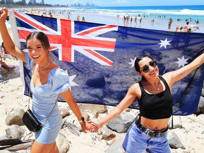 26th January 2021 - Melbourne friends Jess Occa and Georgia OÃDwyer celebrate Australia Day at Burleigh Heads beach.Photo: Scott Powick NEWSCORP