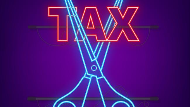 Tax cut in neon style on black background. Vector illustration, cartoon character. Editable stroke, taxation generic