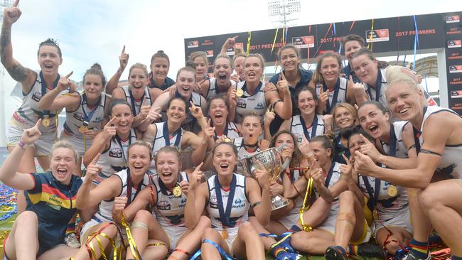 PREMIERS: Adelaide celebrates winning the inaugural AFLW premiership in March. Picture: Bradley Kanaris (News Corp).