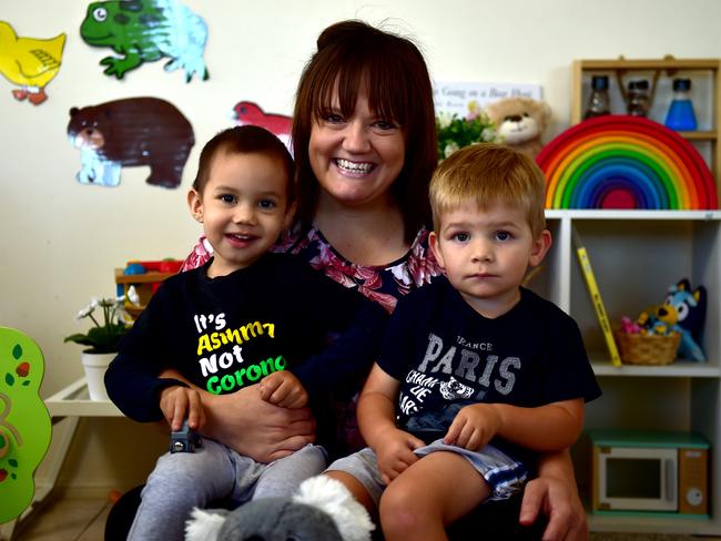 Alysha McNeill from Coolibah Kids Family Day Care with Adrian Argall, 2, and Flynn Carter, 2. Picture: Evan Morgan