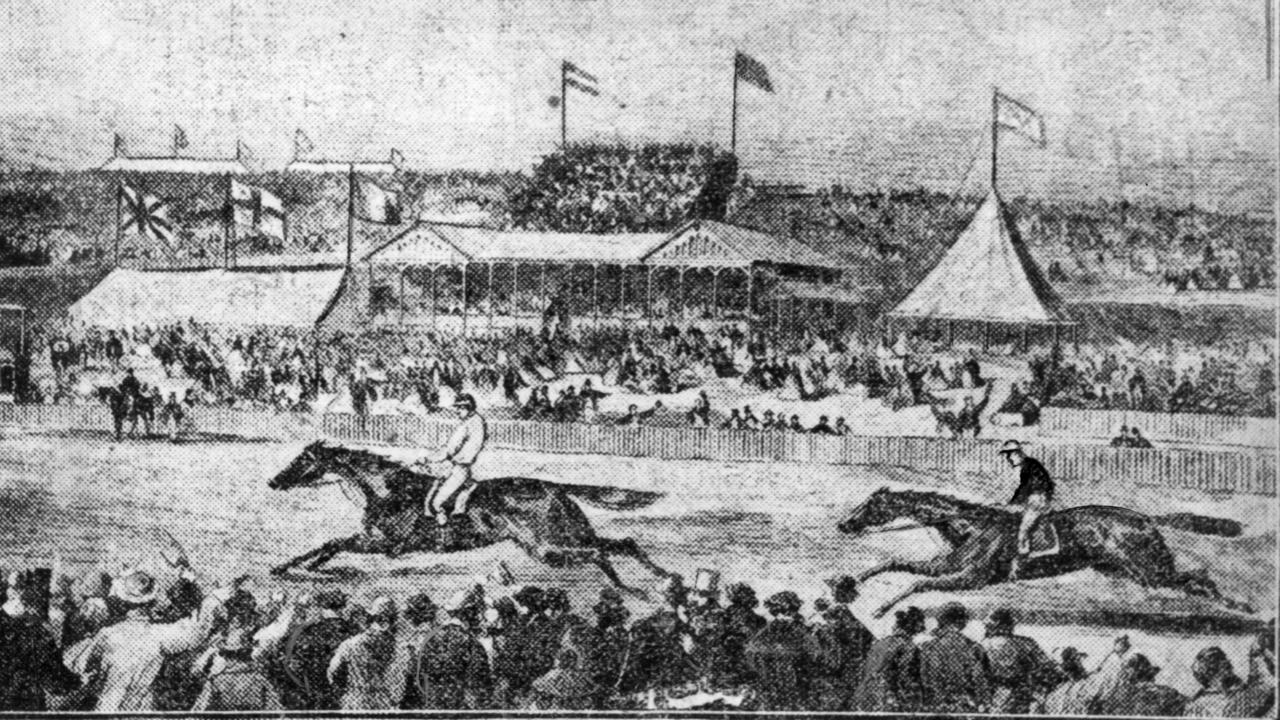 An artist's impression of Archer winning the first Melbourne Cup in 1861.