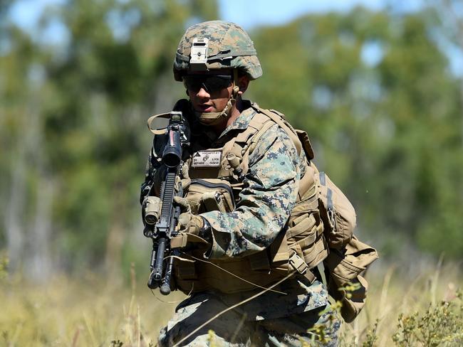 US Marines 2nd Battlation, 4th Marines training at High Range, Townsville during Exercise Southern Jackaroo. Picture: Alix Sweeney