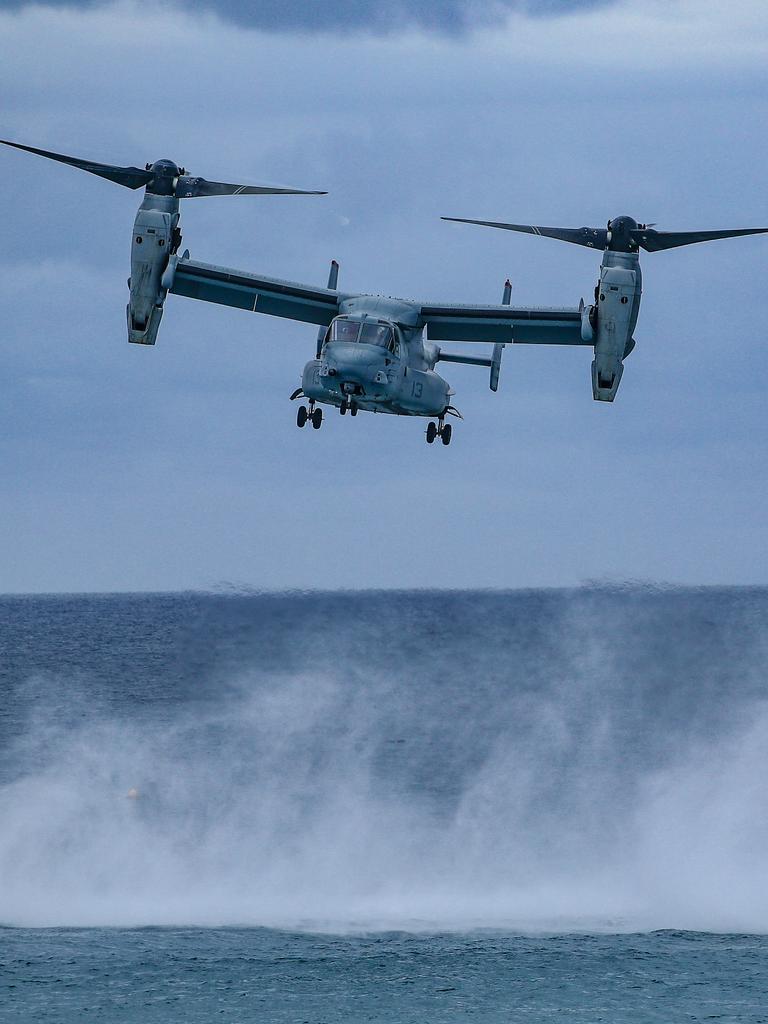 AUSMC Osprey in Airshow performer over Surfers Paradise Beach. Picture: Glenn Campbell