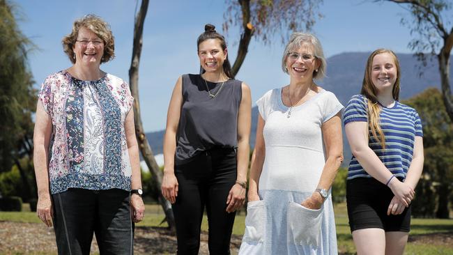 From left, Eleanor Downes from the Moonah Arts Centre, St Albi’s manager Lucy Baker, community volunteer Christine Watson, and Year 11 student Eloise Kerstan. Picture: RICHARD JUPE